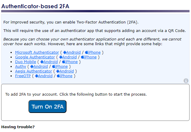 A button to turn on 2FA/MFA is shown.